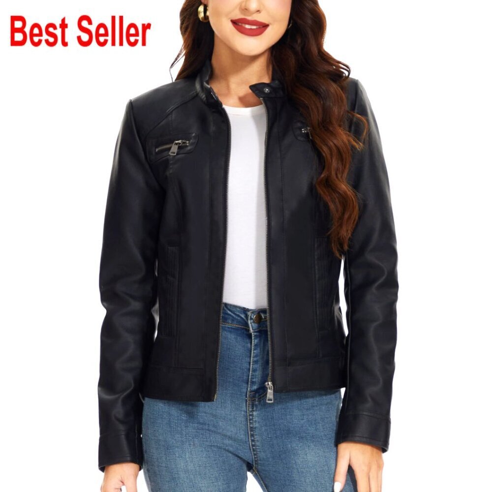 Faux Leather Motorcycle Jacket with Zip Closure Stand Collar